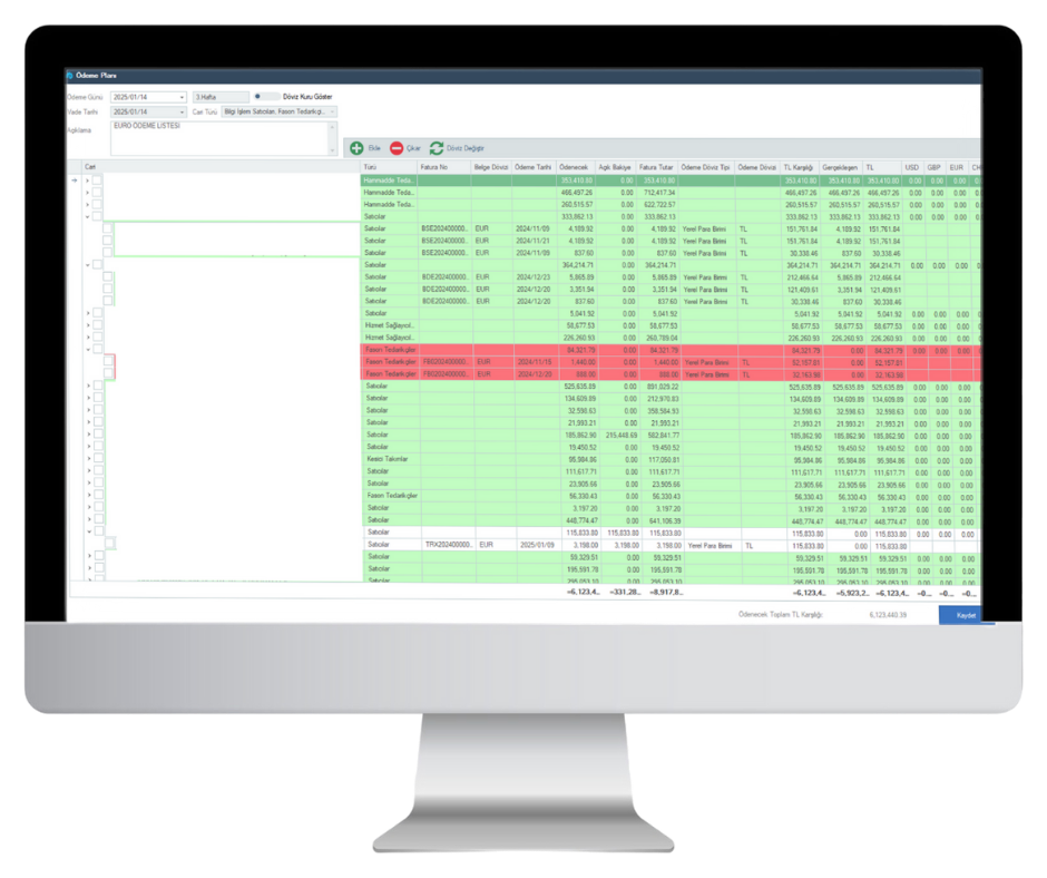 izRP ERP Ödeme Listesi ve Planlama Ekranı
