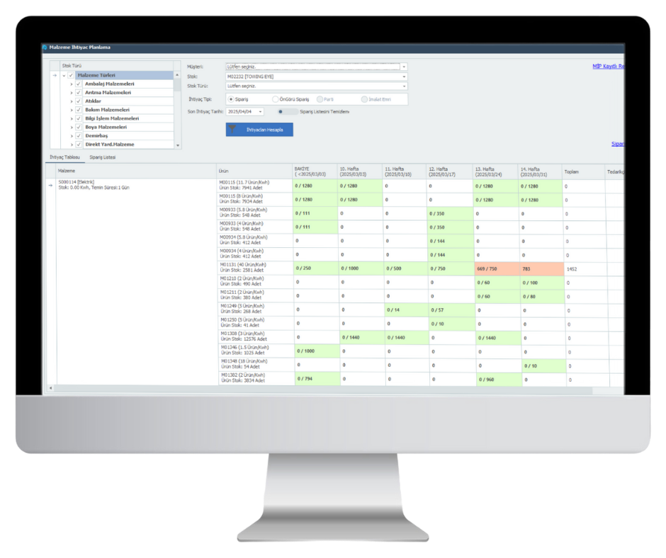 izRP ERP MRP (Malzeme İhtiyaç Planlaması) Ekranı