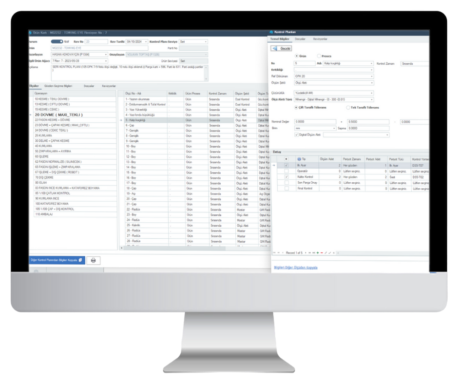 izRP ERP Kalite Kontrol Planları ve Ölçüm Yönetimi Ekranı